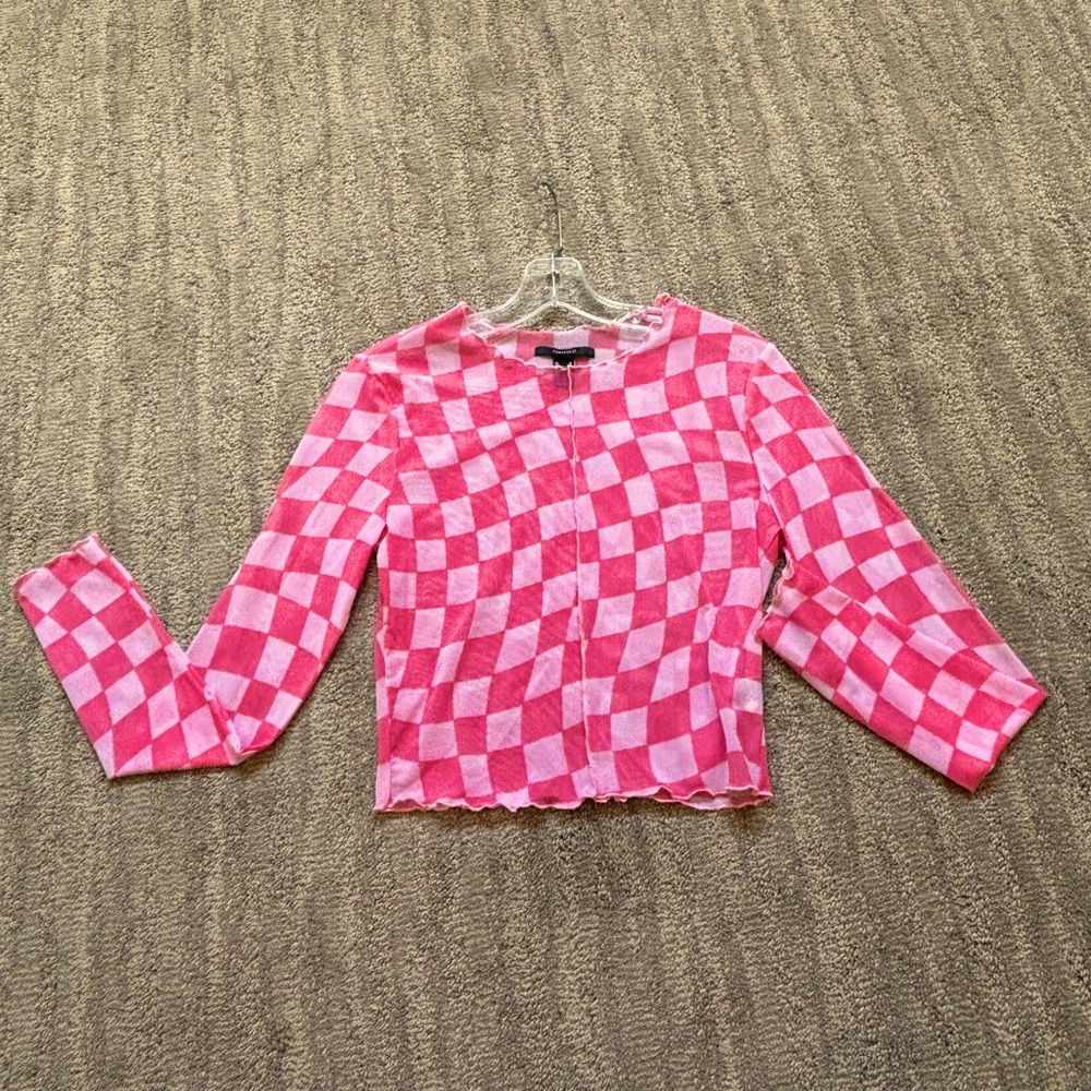 Forever 21 Pink Checked Sheer Top with Lettuce-edge Trim